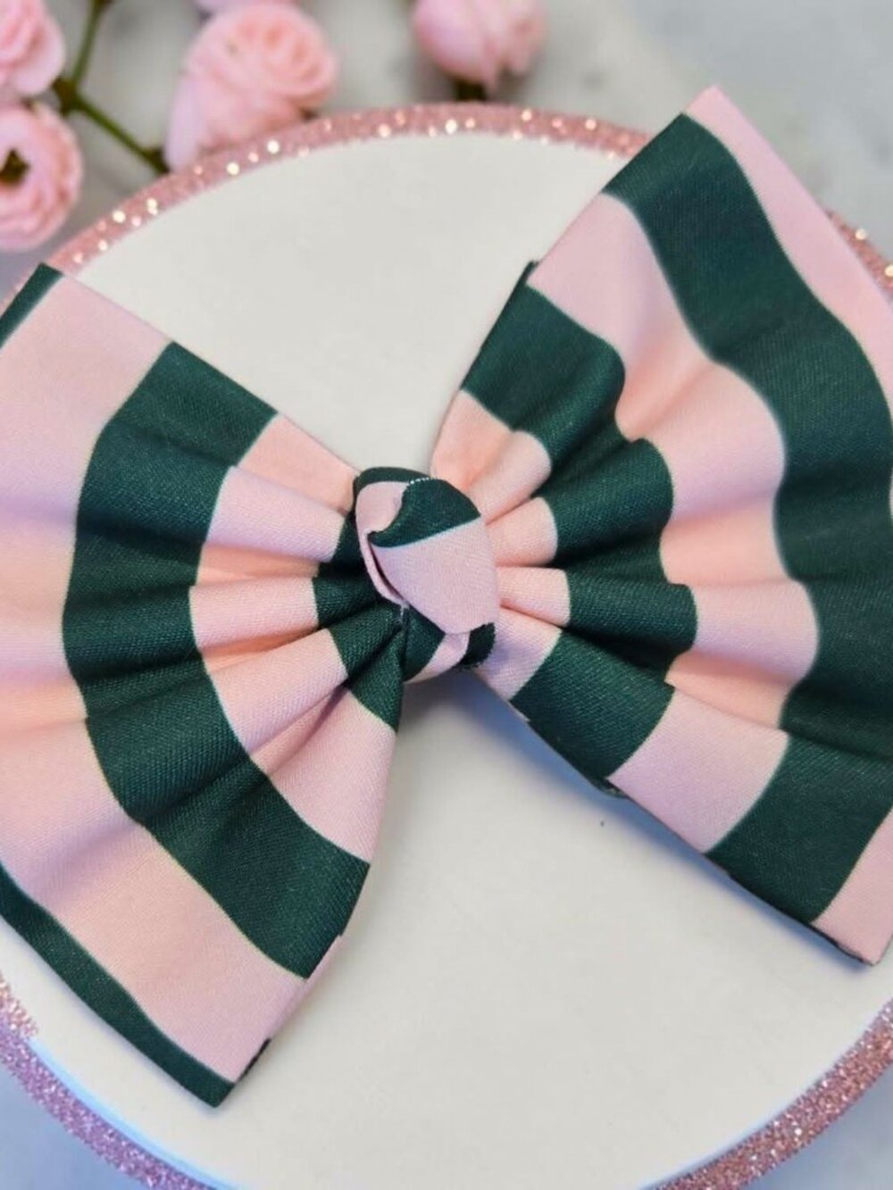 Hunter Green And Baby Pink Striped Hair Bow